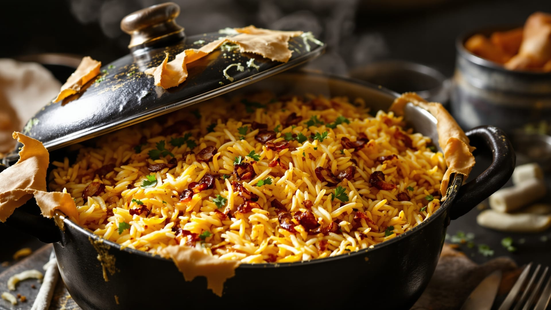 A heavy biryani pot with its sealed lid lifted, showing layered rice, saffron staining and browned onions