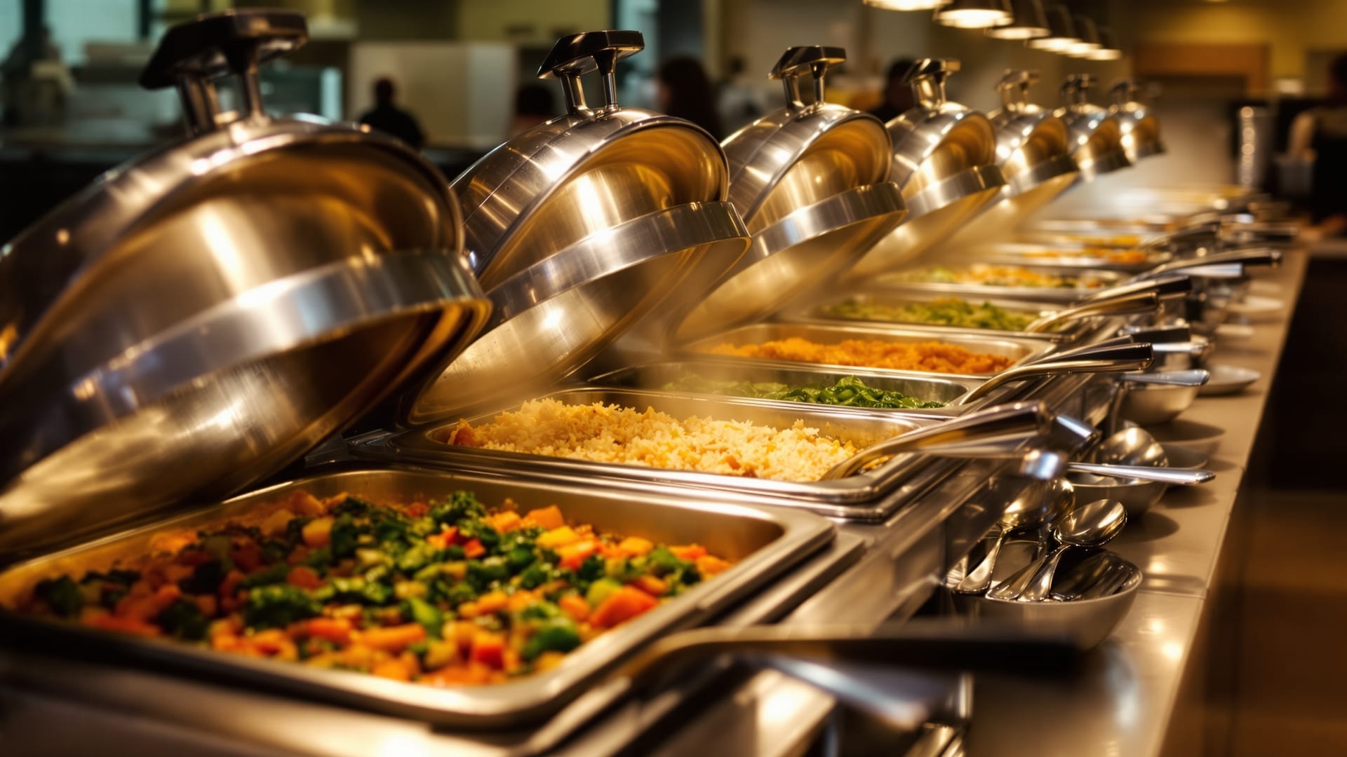 An Indian buffet line of stainless chafing dishes holding different gravies, rice and vegetables under warm light