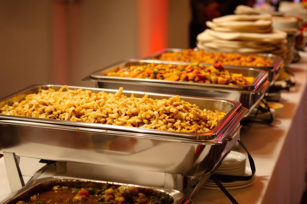 Large catering trays of Indian food laid out on a long table — biryani, two gravies, a vegetable dish and stacked breads