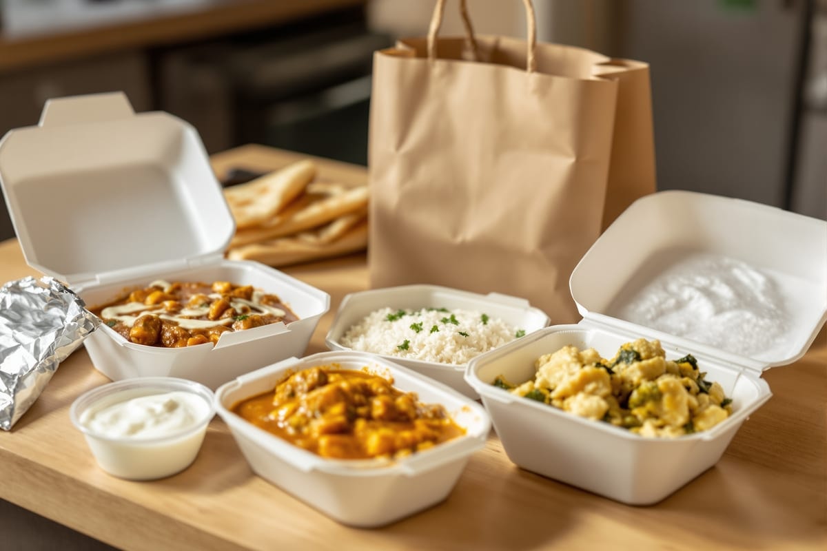Indian takeout containers open on a kitchen counter, gravy in one, rice in another, foil-wrapped bread beside them