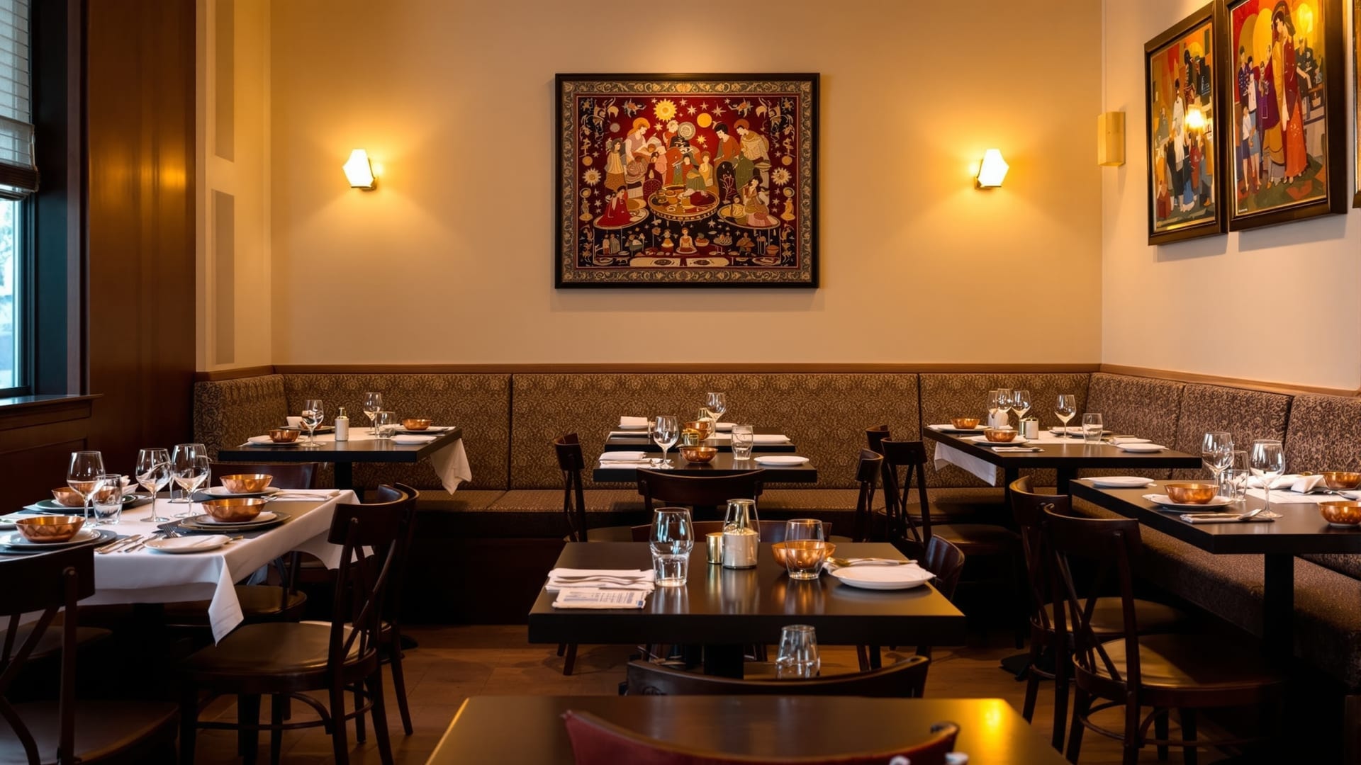 Warm evening light across the empty dining room of a north Columbus Indian restaurant, tables set with copper serving bowls