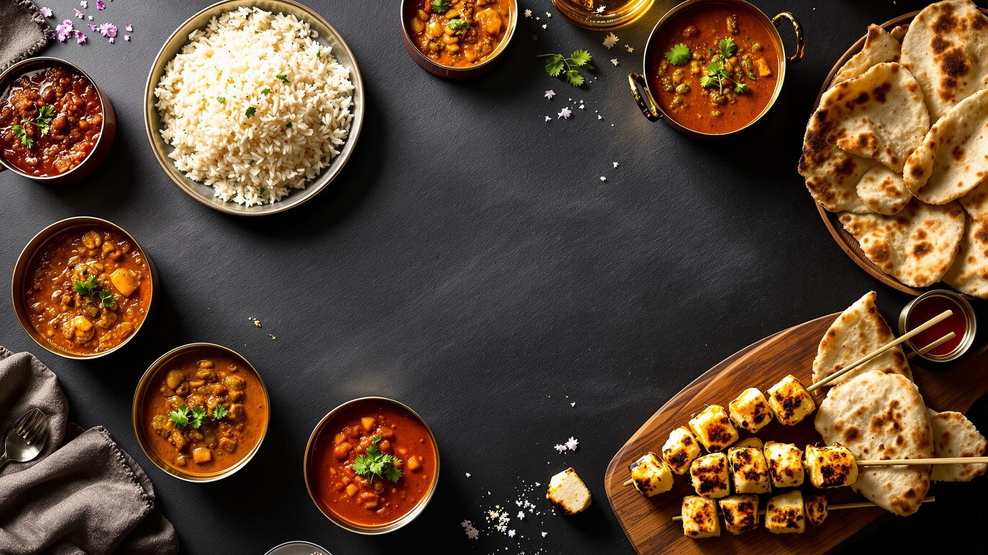 Overhead view of several Indian dishes set out together — a gravy, rice, a paneer skewer and torn naan