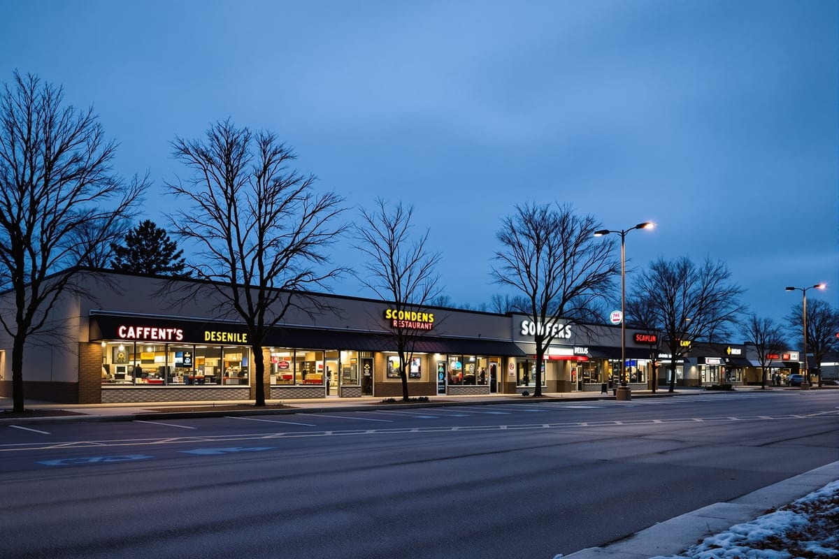 A low suburban commercial strip at dusk in the American Midwest, lit windows along a row of restaurant units