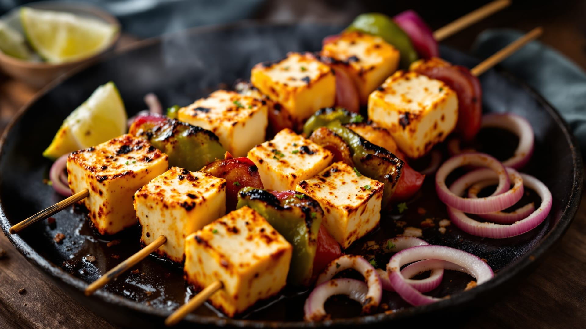 Charred paneer tikka cubes on skewers with blistered peppers and onion, resting on a dark metal platter