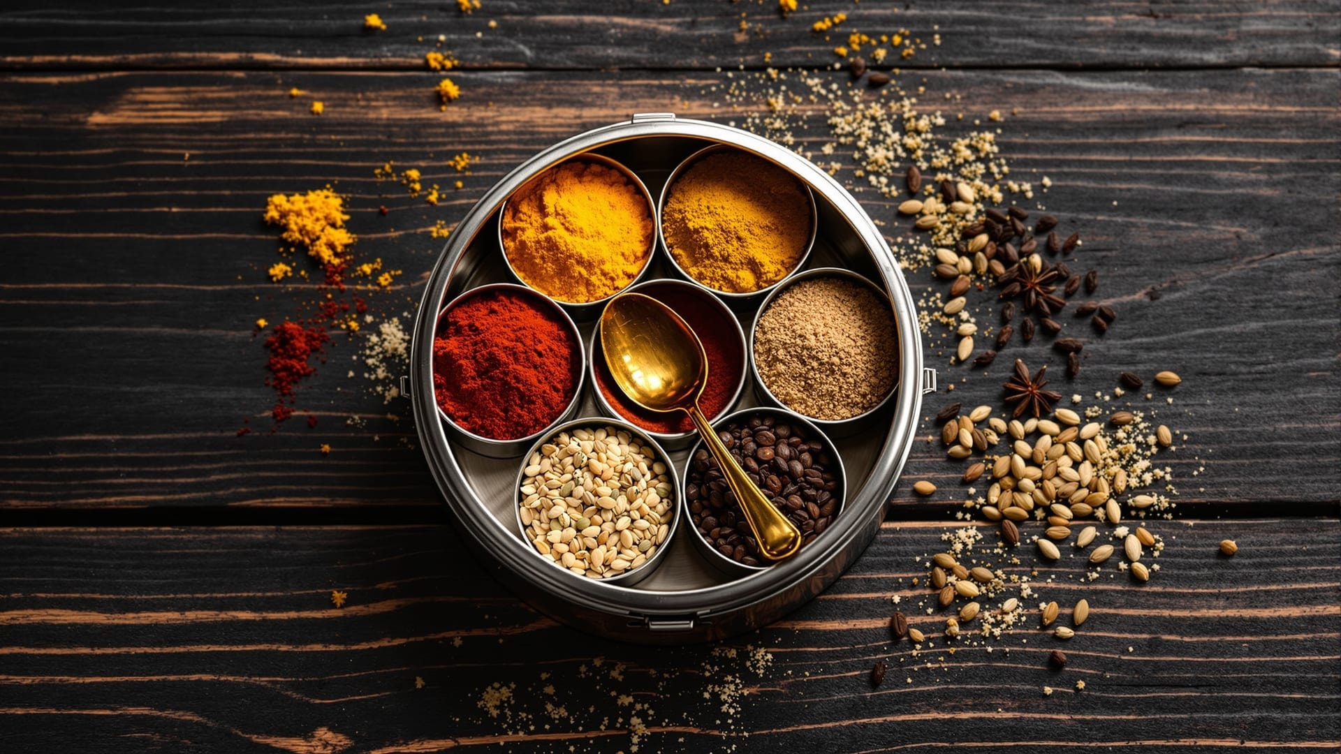Overhead view of a round steel Indian spice box with seven small bowls of ground and whole spices in reds, yellows and browns