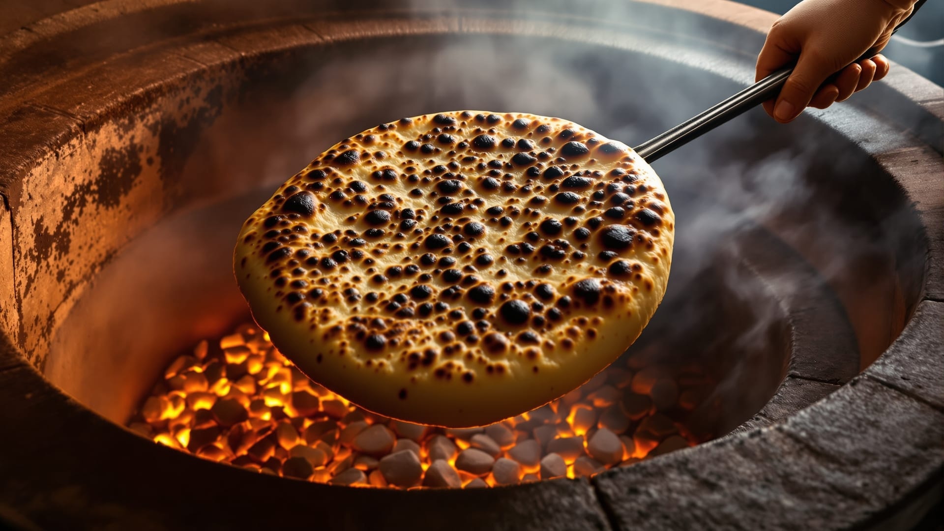 A blistered naan being lifted from the glowing interior wall of a clay tandoor oven on a long hook