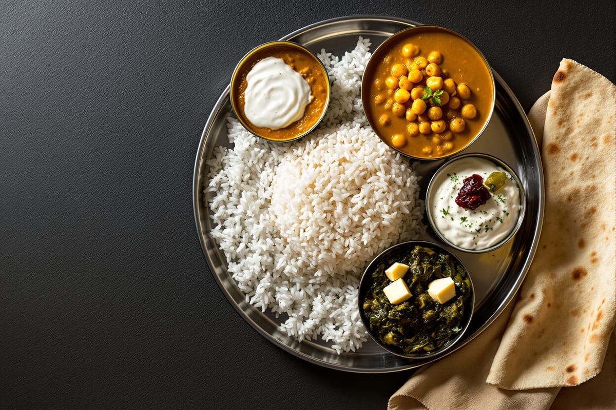 A vegetarian Indian thali — small bowls of dal, chickpea curry, spinach and yoghurt around a mound of rice